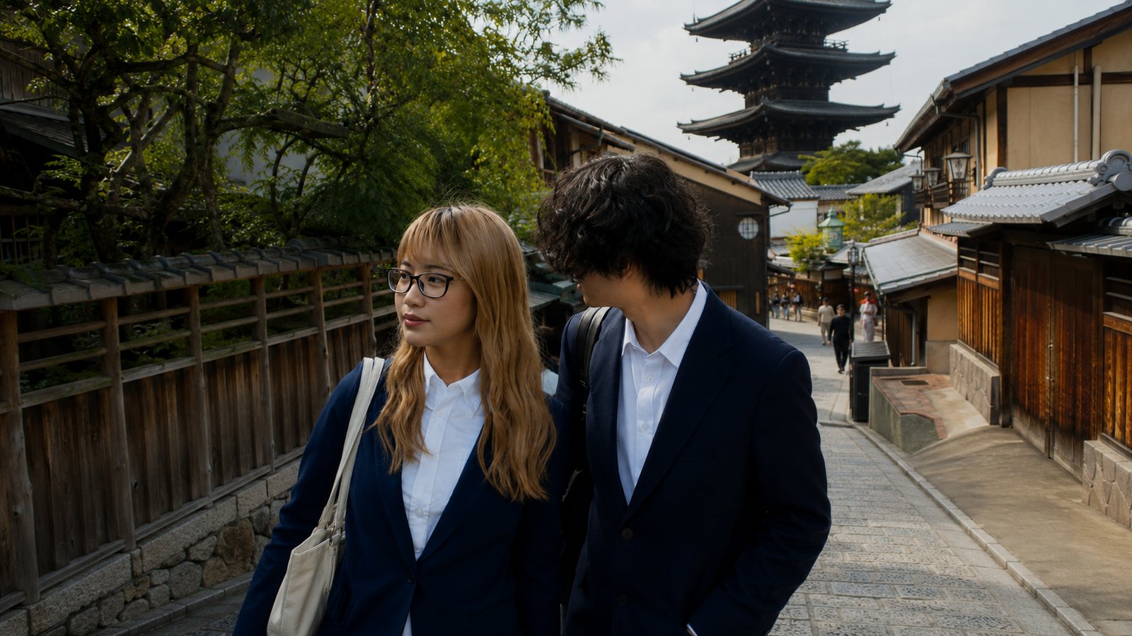 京都の坂道を歩く二人